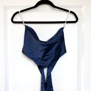 NWT Cider Satin Pearls Cowl Neck Crop Top Blue Size Small New with Tags